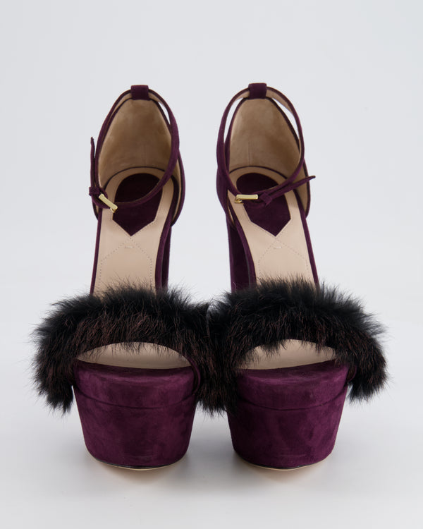 Elie Saab Purple Suede Platform High Heels with Mink Fur Detail Size EU 38