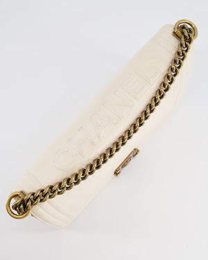 *FIRE PRICE* Chanel Ivory Large Boy Bag in Lambskin Leather with Antique Gold Hardware