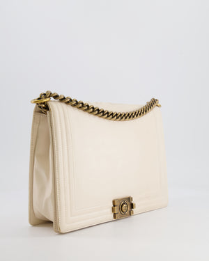 *FIRE PRICE* Chanel Ivory Large Boy Bag in Lambskin Leather with Antique Gold Hardware