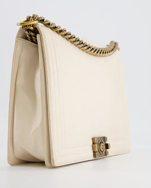 *FIRE PRICE* Chanel Ivory Large Boy Bag in Lambskin Leather with Antique Gold Hardware