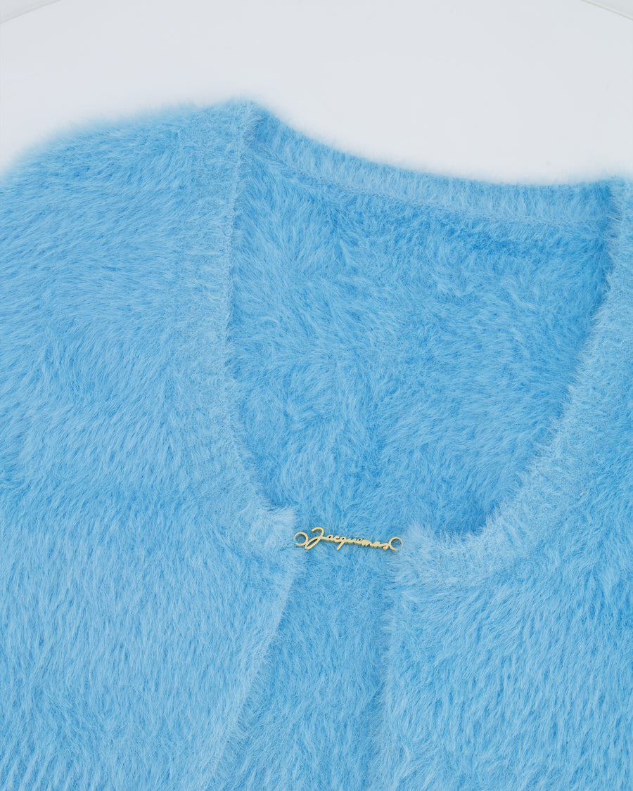 Jacquemus Blue La Maille Neve Cropped Brushed Cardigan with Gold Logo Size FR 38 (UK 10)