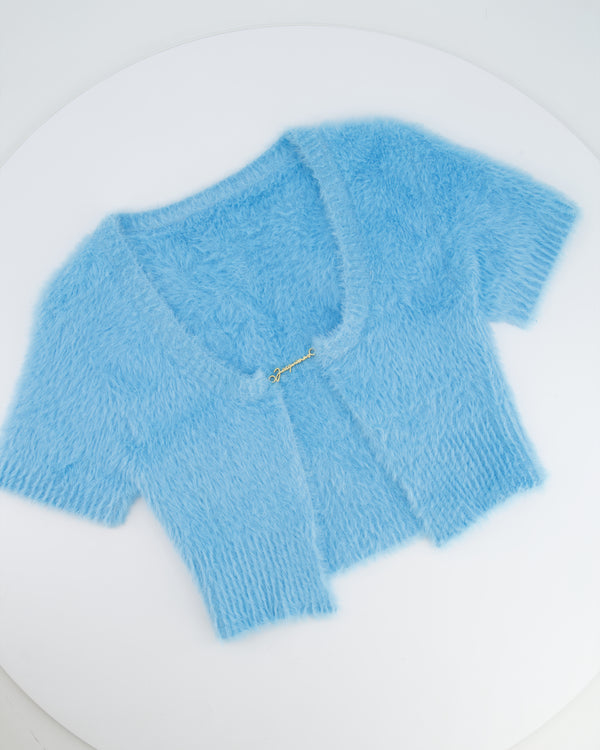 Jacquemus Blue La Maille Neve Cropped Brushed Cardigan with Gold Logo Size FR 38 (UK 10)