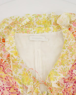 Zimmermann Pink Floral V-Neck Ruched Long Sleeve Top with Shell Tie Detail Size 0 UK 8)