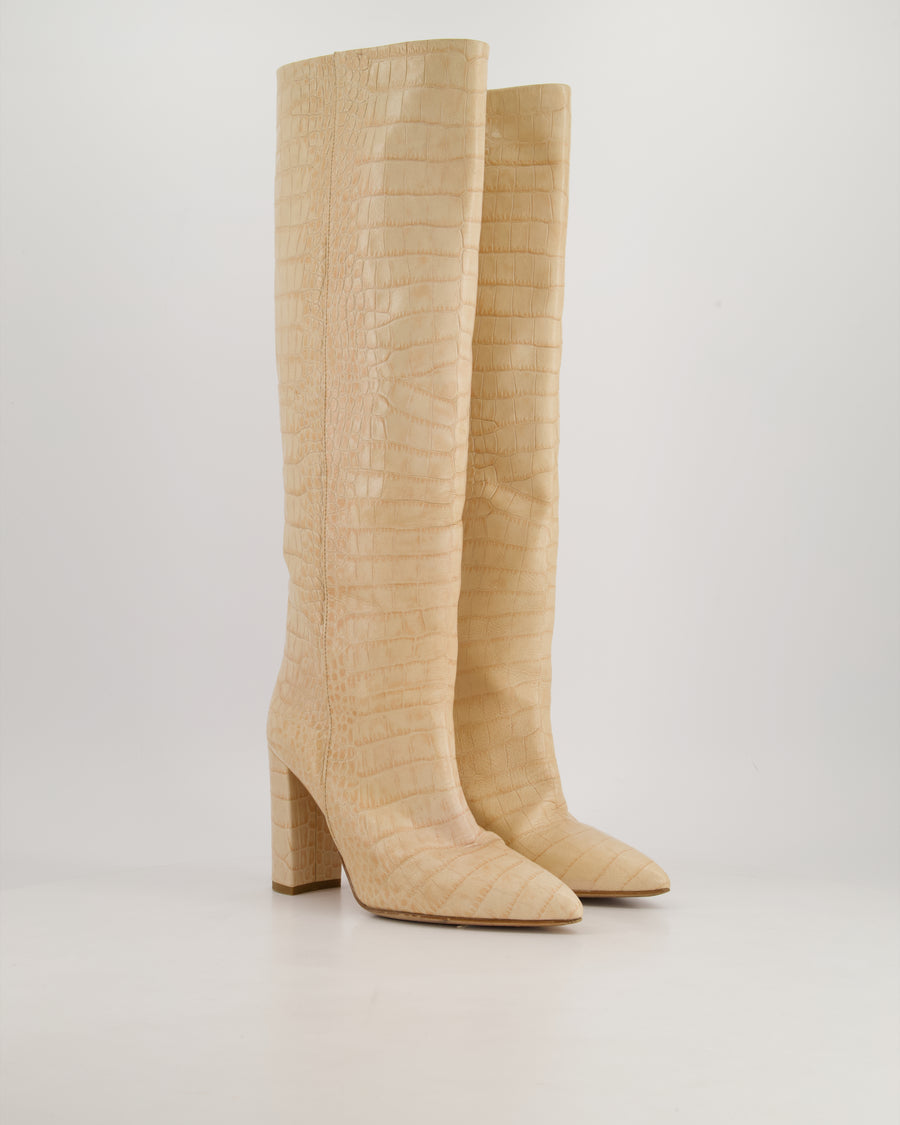 Paris Texas Beige Crocodile Effect Leather Knee High Boots Size EU 39