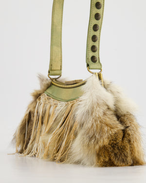 John Galliano Green Metallic Fur Tassel Bag with Stud Strap Detail