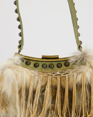 John Galliano Green Metallic Fur Tassel Bag with Stud Strap Detail