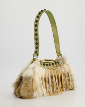 John Galliano Green Metallic Fur Tassel Bag with Stud Strap Detail