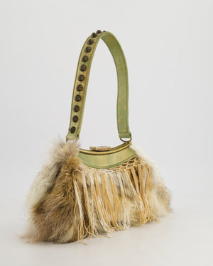 John Galliano Green Metallic Fur Tassel Bag with Stud Strap Detail