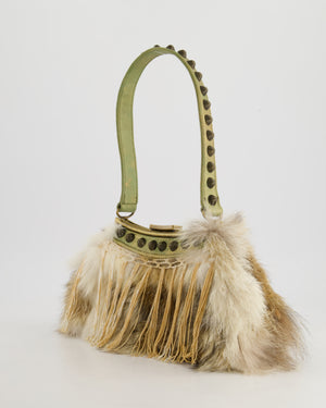 John Galliano Green Metallic Fur Tassel Bag with Stud Strap Detail