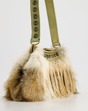 John Galliano Green Metallic Fur Tassel Bag with Stud Strap Detail