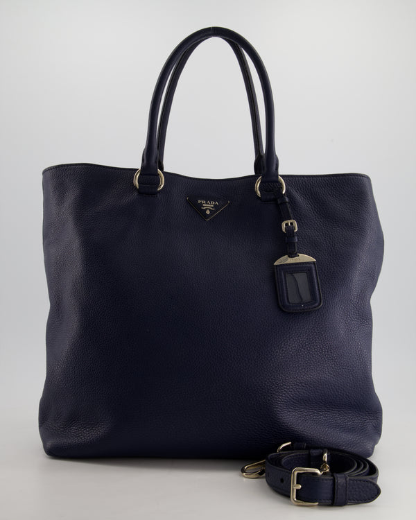 Prada Navy Vitello Daino Square Tote Bag with Silver Hardware