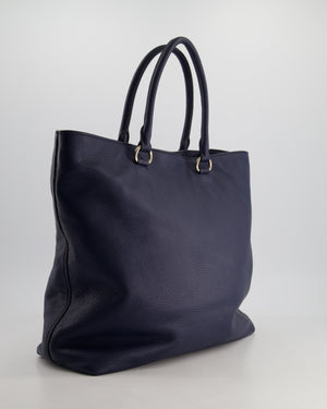 Prada Navy Vitello Daino Square Tote Bag with Silver Hardware