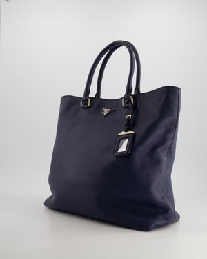 Prada Navy Vitello Daino Square Tote Bag with Silver Hardware