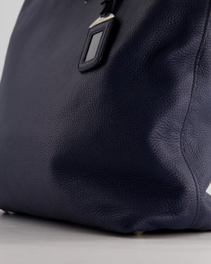 Prada Navy Vitello Daino Square Tote Bag with Silver Hardware