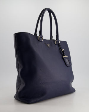 Prada Navy Vitello Daino Square Tote Bag with Silver Hardware