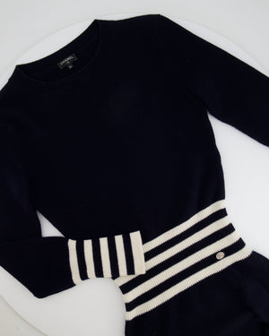 Chanel Navy and White Striped Long-Sleeve Cashmere Mini Dress with CC Logo Button Detail Size FR 34 (UK 6)