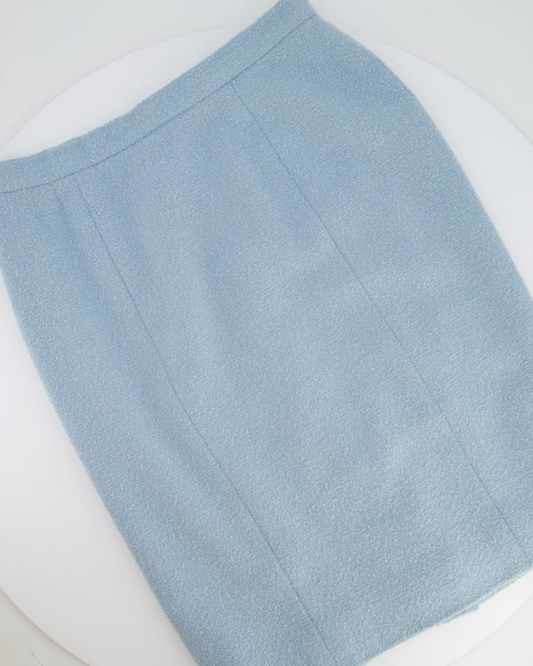 Chanel 96C Baby Blue Tweed Midi Skirt with CC Logo Button Details Size FR 44 (UK 16)