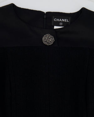 Chanel Black Tweed Midi Short-Sleeve Dress with Crystal Buttons and Silk Appliqué Size FR 42 (UK 14)