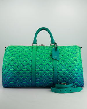 Louis Vuitton Virgil Abloh Green 
Blue Monogram Illusion Taurillon Leather Bandouliere Keepall 50cm with Silver Hardware