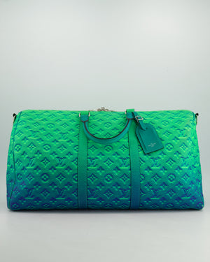 Louis Vuitton Virgil Abloh Green 
Blue Monogram Illusion Taurillon Leather Bandouliere Keepall 50cm with Silver Hardware