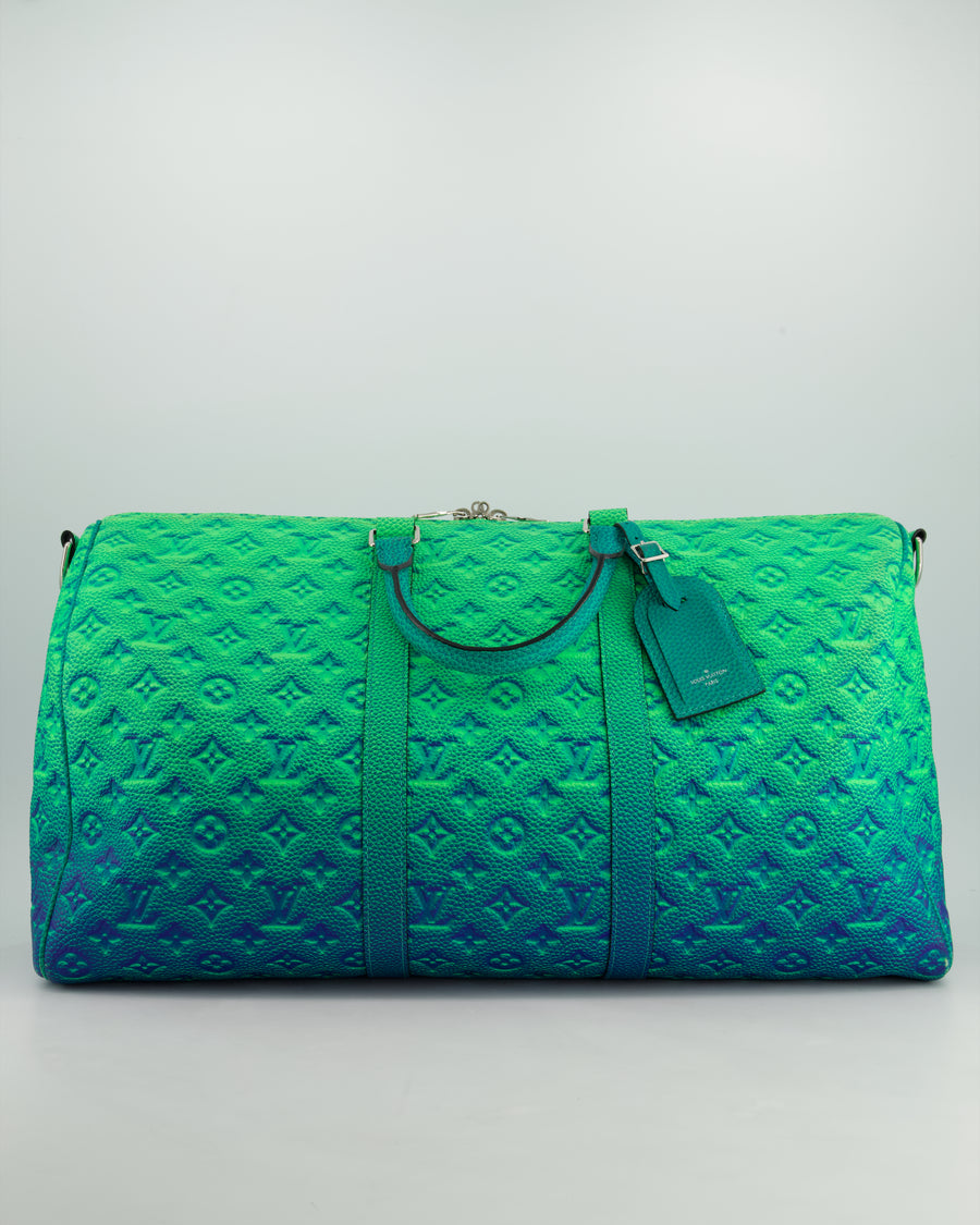 Louis Vuitton Virgil Abloh Green 
Blue Monogram Illusion Taurillon Leather Bandouliere Keepall 50cm with Silver Hardware