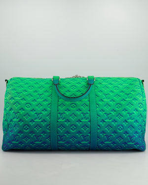 Louis Vuitton Virgil Abloh Green 
Blue Monogram Illusion Taurillon Leather Bandouliere Keepall 50cm with Silver Hardware