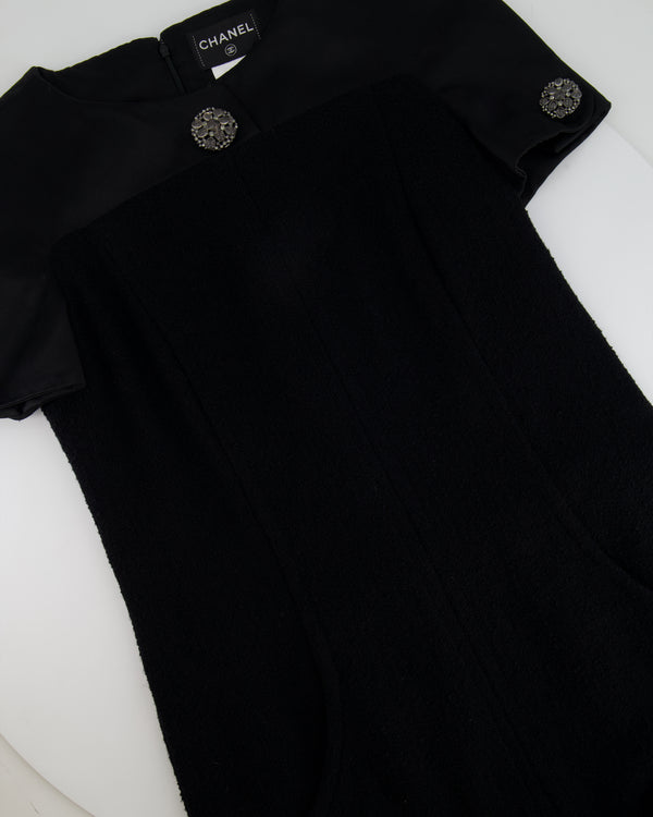 Chanel Black Tweed Midi Short-Sleeve Dress with Crystal Buttons and Silk Appliqué Size FR 42 (UK 14)