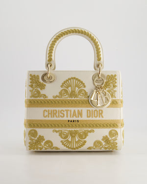 *RARE* Christian Dior Limited Edition Cruise 2021 Embroidered White Medium Lady Dior Bag in Calfskin Leather with Champagne Gold Hardware