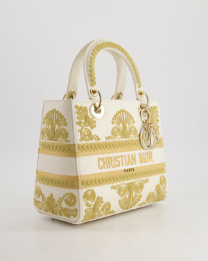 *RARE* Christian Dior Limited Edition Cruise 2021 Embroidered White Medium Lady Dior Bag in Calfskin Leather with Champagne Gold Hardware