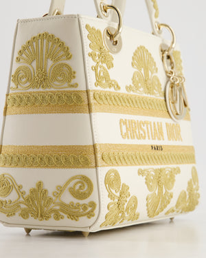 *RARE* Christian Dior Limited Edition Cruise 2021 Embroidered White Medium Lady Dior Bag in Calfskin Leather with Champagne Gold Hardware