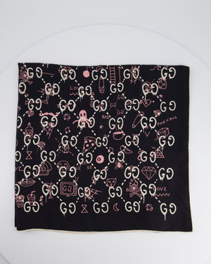 Gucci Navy GG Printed Silk Scarf with Pink Ghost Print Detail Size 90x90