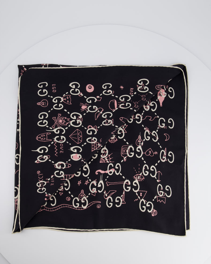 Gucci Navy GG Printed Silk Scarf with Pink Ghost Print Detail Size 90x90