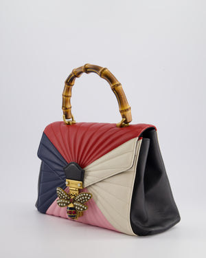 Gucci Black Queen Margaret Matelasse Bamboo Top Handle Bag with Gold Hardware and Embellished Bee Detail