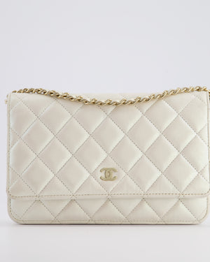 *HOT* Chanel Pearlescent Off-White Wallet on Chain Bag in Calfskin Leather with Champagne Gold Hardware