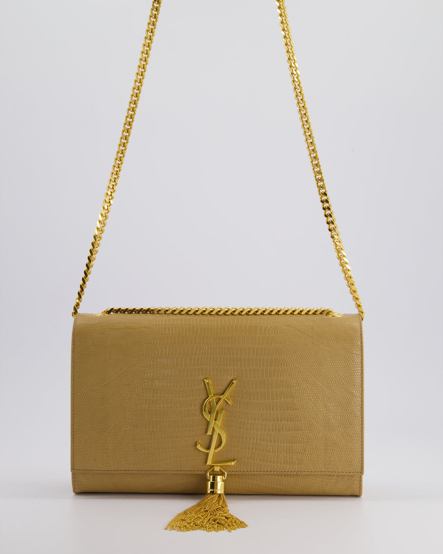 Saint Laurent Beige Lizard Embossed Kate Tassel Bag with Gold Hardware