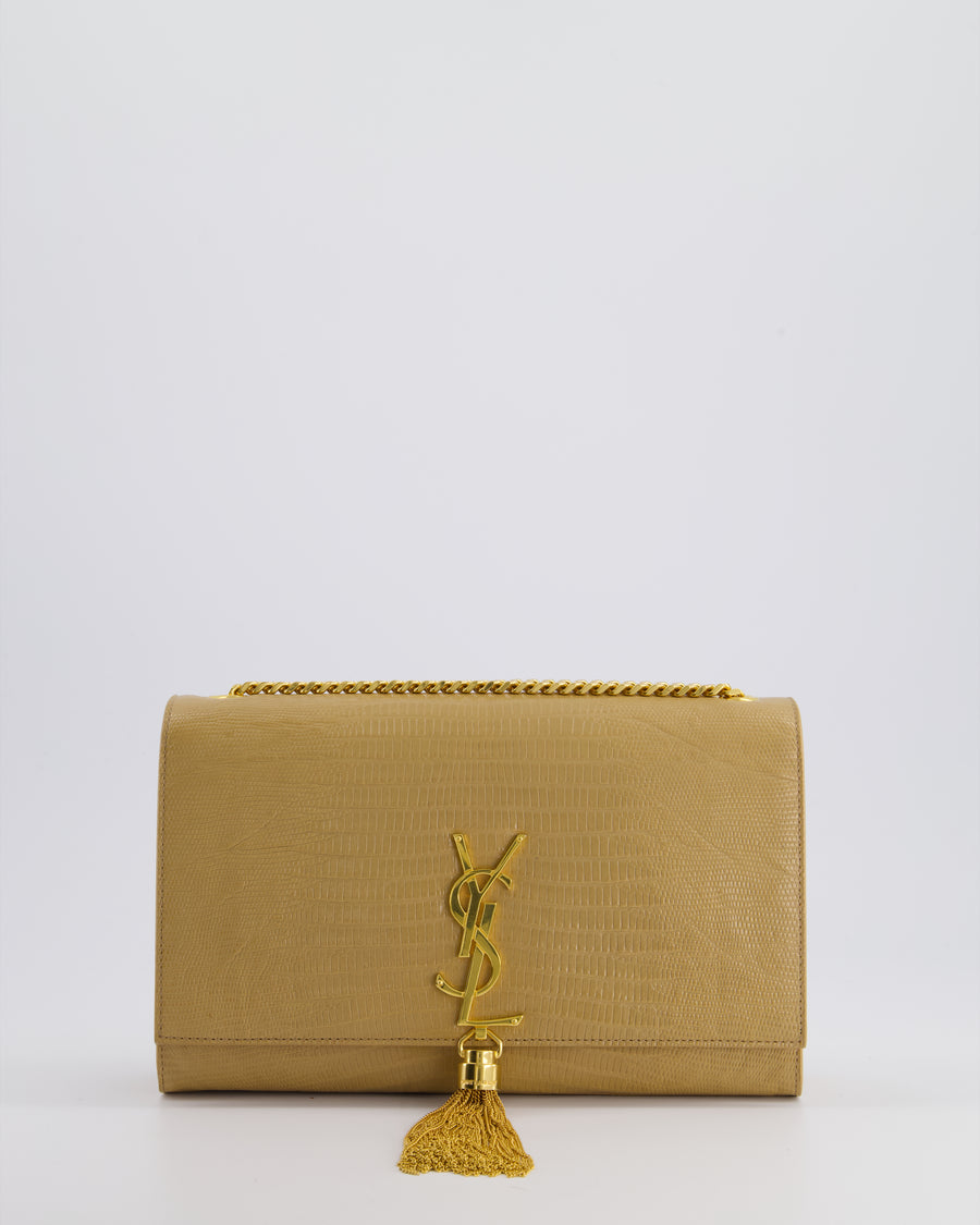 Saint Laurent Beige Lizard Embossed Kate Tassel Bag with Gold Hardware