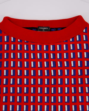 Chanel SS13 Red Knit Jumper with Pearl Pockets 
Blue and White Window Detail Size FR 36 (UK 8)