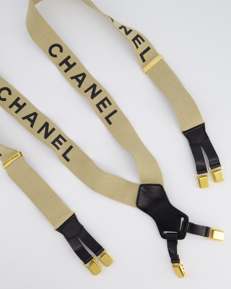 Chanel Vintage 1990s Beige Black Logo Ski Suspender Braces