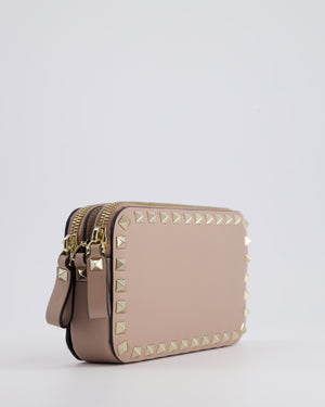 Valentino Dusty Pink Rockstud Double Zip Crossbody Camera Bag with Gold Hardware