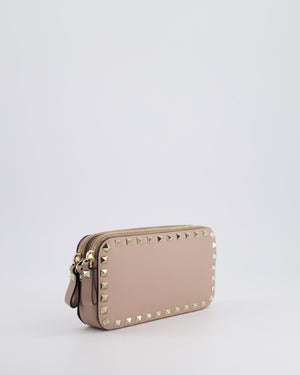 Valentino Dusty Pink Rockstud Double Zip Crossbody Camera Bag with Gold Hardware