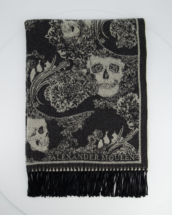 Alexander McQueen Black Glitter Skull Scarf Size 190cm x 75cm