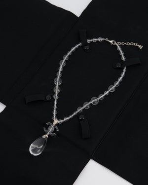 Chanel Clear Resin 
Crystal CC Logo Teardrop Pendant Necklace