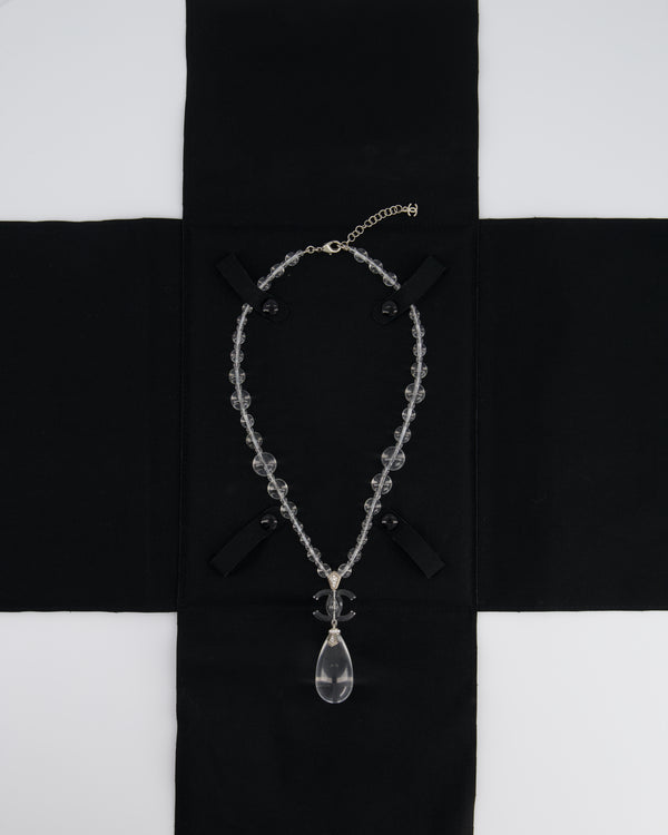 Chanel Clear Resin 
Crystal CC Logo Teardrop Pendant Necklace