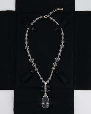 Chanel Clear Resin 
Crystal CC Logo Teardrop Pendant Necklace