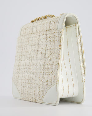 Chanel Small White Tweed and Aged Calfskin Flap Bag with Brushed Gold Hardware