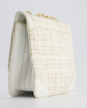 Chanel Small White Tweed and Aged Calfskin Flap Bag with Brushed Gold Hardware