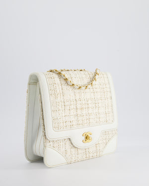 Chanel Small White Tweed and Aged Calfskin Flap Bag with Brushed Gold Hardware