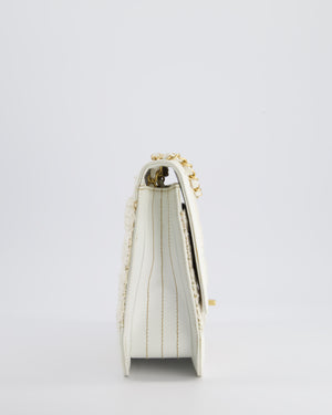 Chanel Small White Tweed and Aged Calfskin Flap Bag with Brushed Gold Hardware