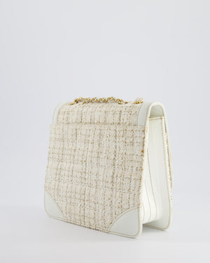 Chanel Small White Tweed and Aged Calfskin Flap Bag with Brushed Gold Hardware