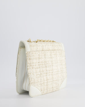 Chanel Small White Tweed and Aged Calfskin Flap Bag with Brushed Gold Hardware